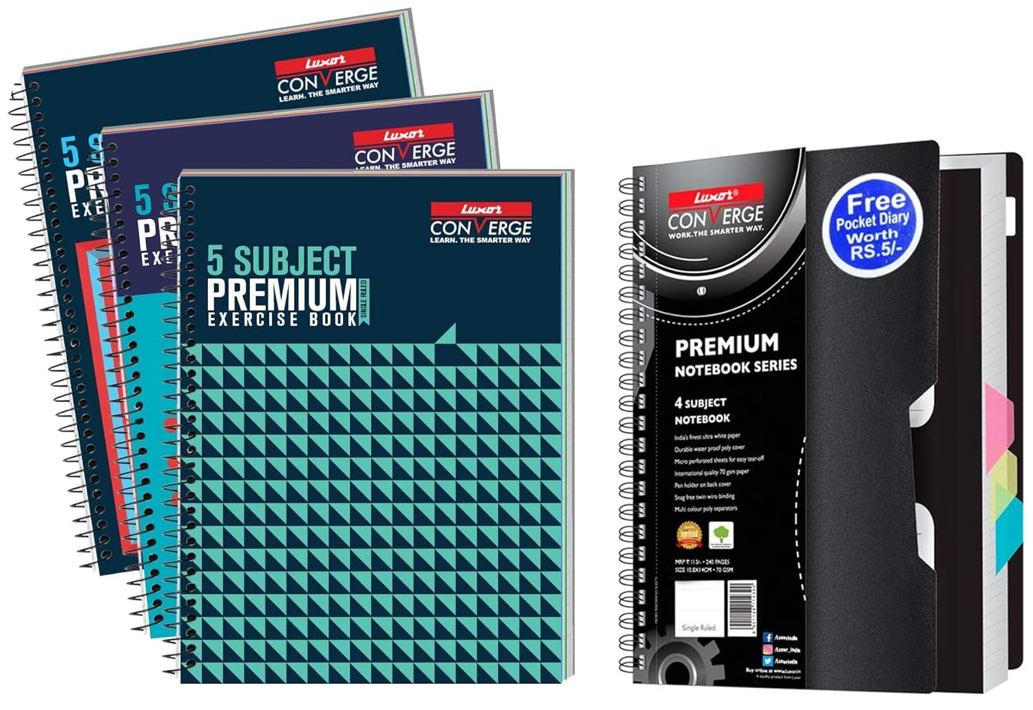 Luxor 5 Subject Exercise Notebook & Luxor Subject 4 Single Ruled Pocket