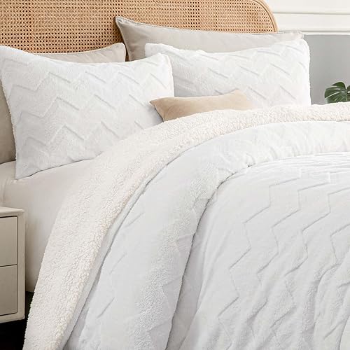 BEDELITE Juego de edredón mullido tamaño Queen, edredón blanco sherpa súper suave para cama tamaño Queen, juego de ropa de cama cálido de lujo para