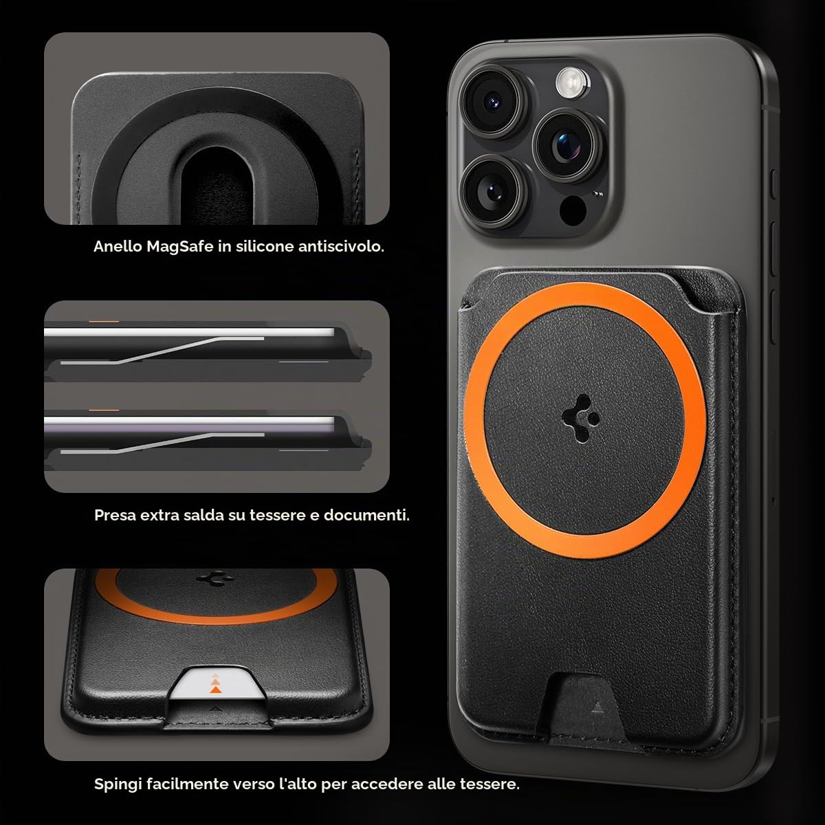 Spigen Valentinus MagFit+ Portafoglio (3 carte) MagSafe Wallet MagSafe Compatibile con iPhone 17/16/15/14/13/12 Modelle, Accessori MagSafe - Nero