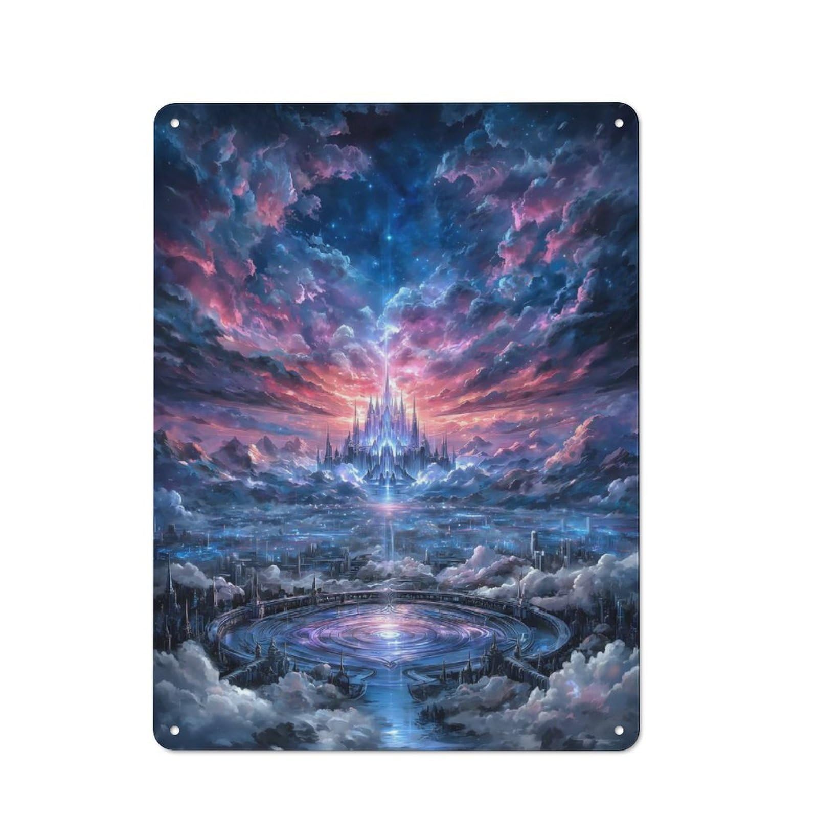 Junmoney Fantasy Cityscape With Castle And Clouds Metal Wall Sign 40X30cm Featuring For Café Or Restaurant, For Vintage Wall Decor Fans, For Metal Sign Collectors