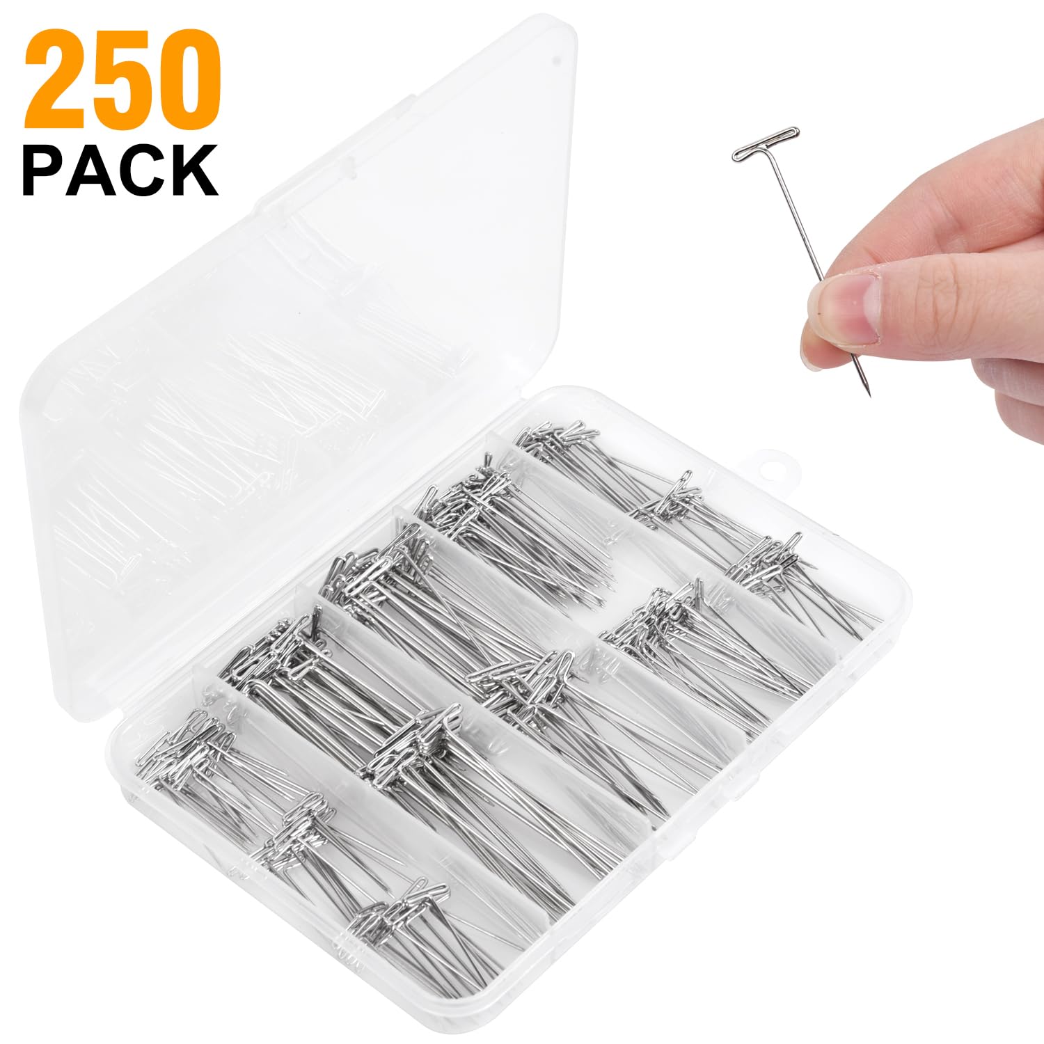 T Pins - 250 Pack Assorted Sizes T-Pins,T Pins for Blocking Knitting, Wig Pins, T Pins for Wigs, Wig Pins for Foam Head, T Pins for Sewing, Wig T Pins, Blocking Pins, T Pins for Office Wall
