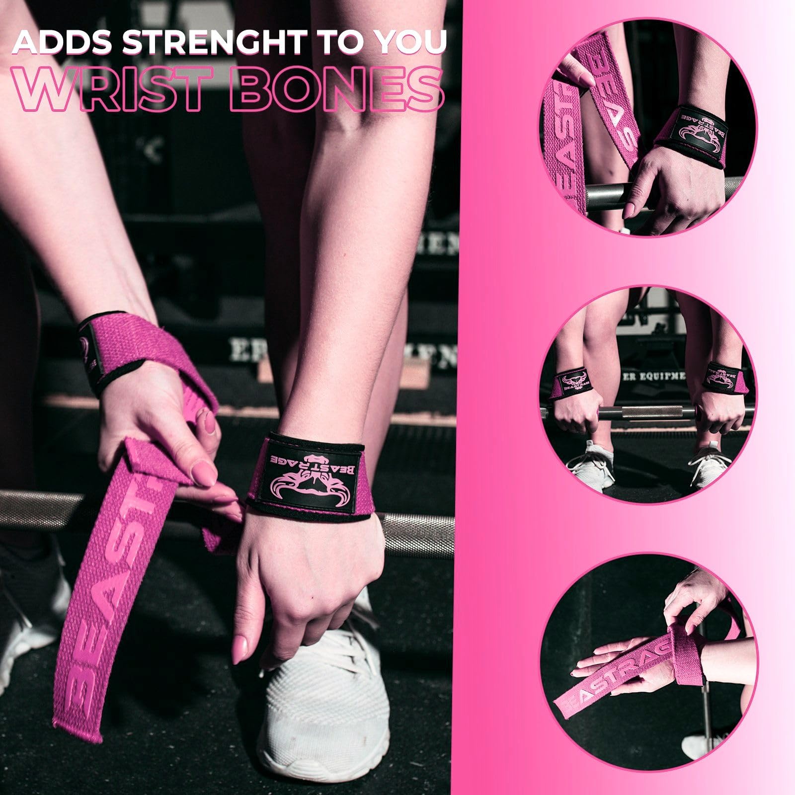 BEAST RAGE Polsiere Palestra Sollevamento Fasce da Polso Cinghie Donna & Uomo Polsini Palestra Per Gym Bodybuilding Crossfit Calistenics,Polsini, bendaggi per il polso (Rosa T)