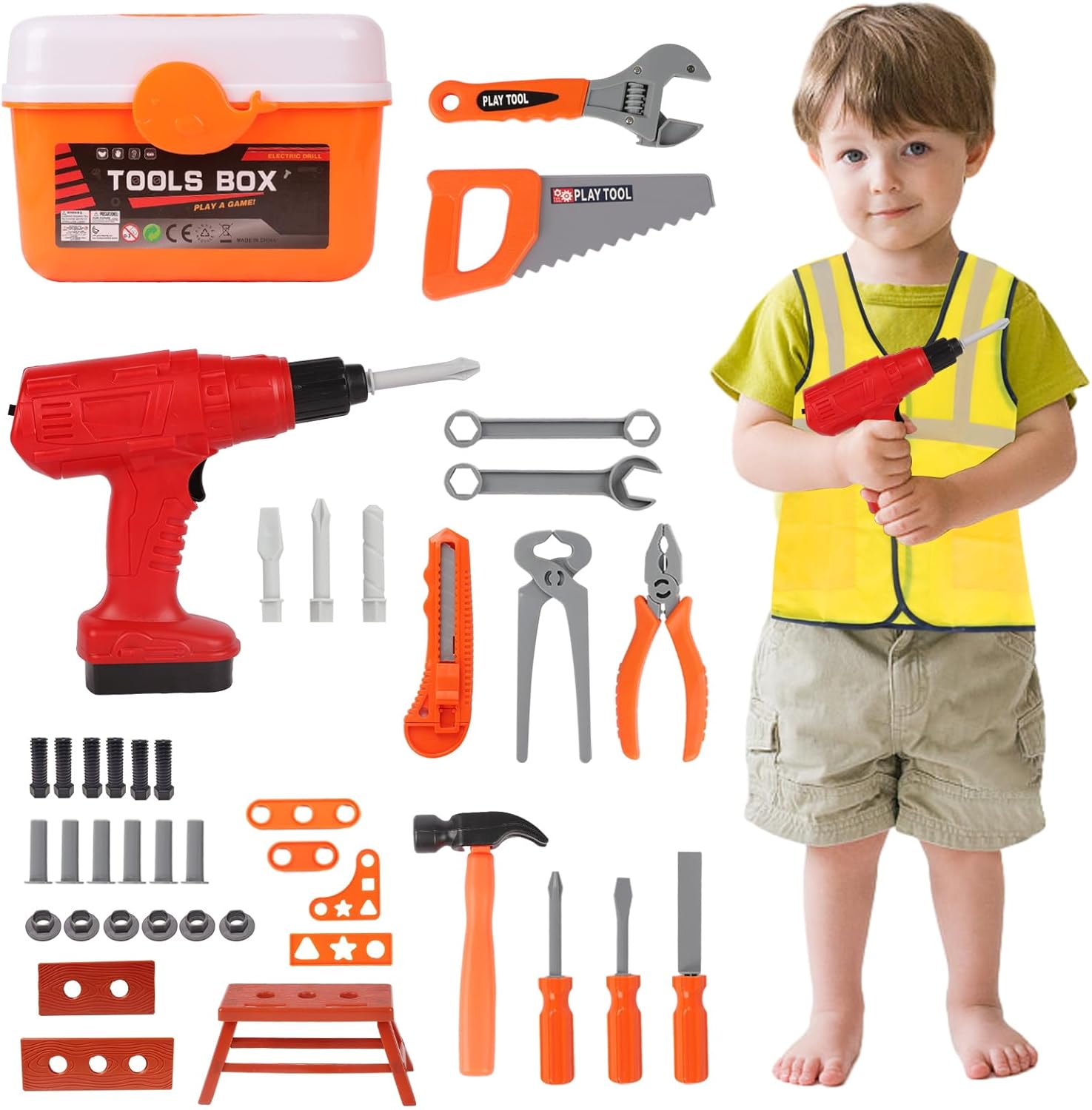 42 Pcs Kids Tool Set Tools Toys With Electric Drill Toy Tooled Clothing Tool Box Construction