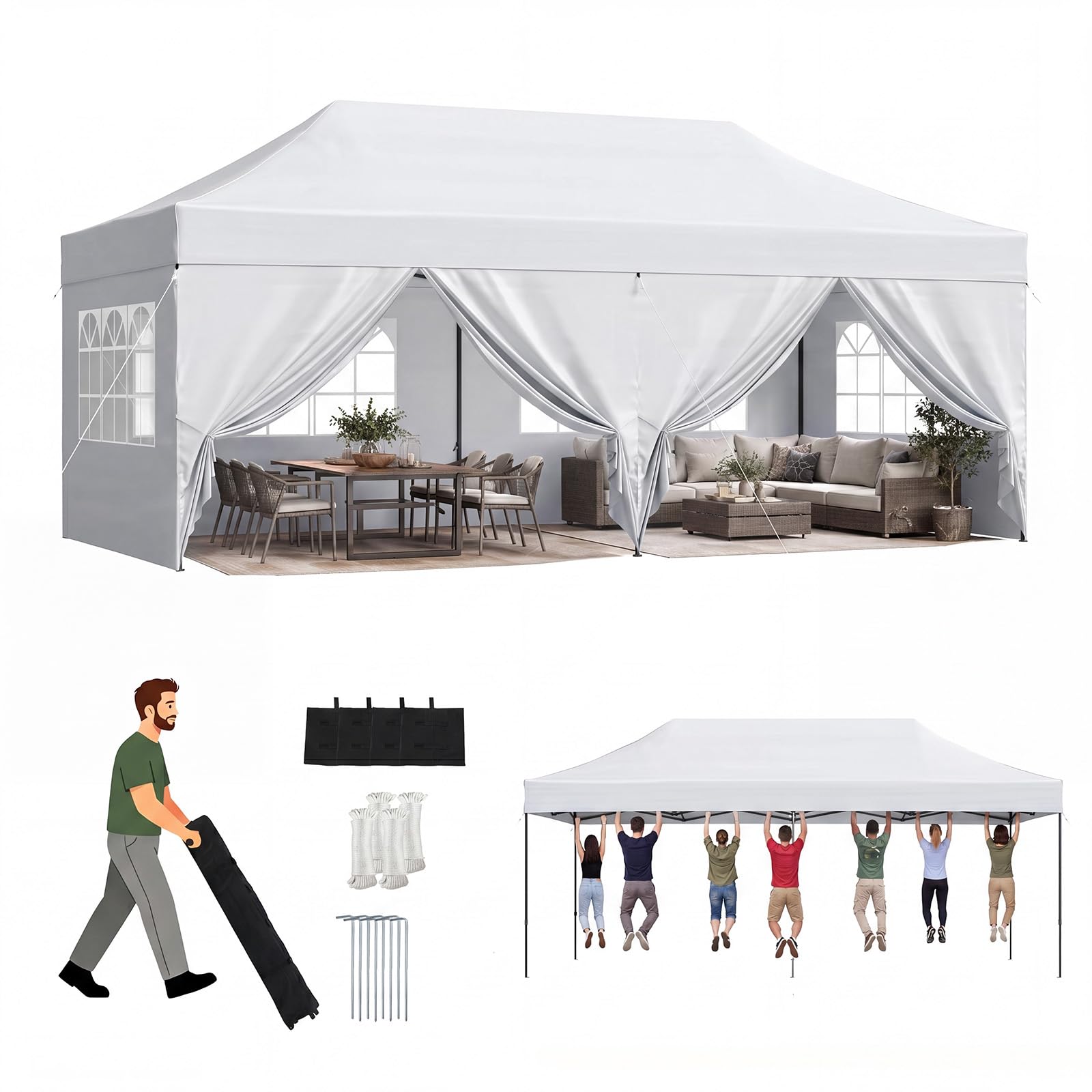 Aoxun Pop Up Gazebo 3m x 6m Heavy Duty with Sides 6x3 Waterproof Party Tent, White, 3x6M