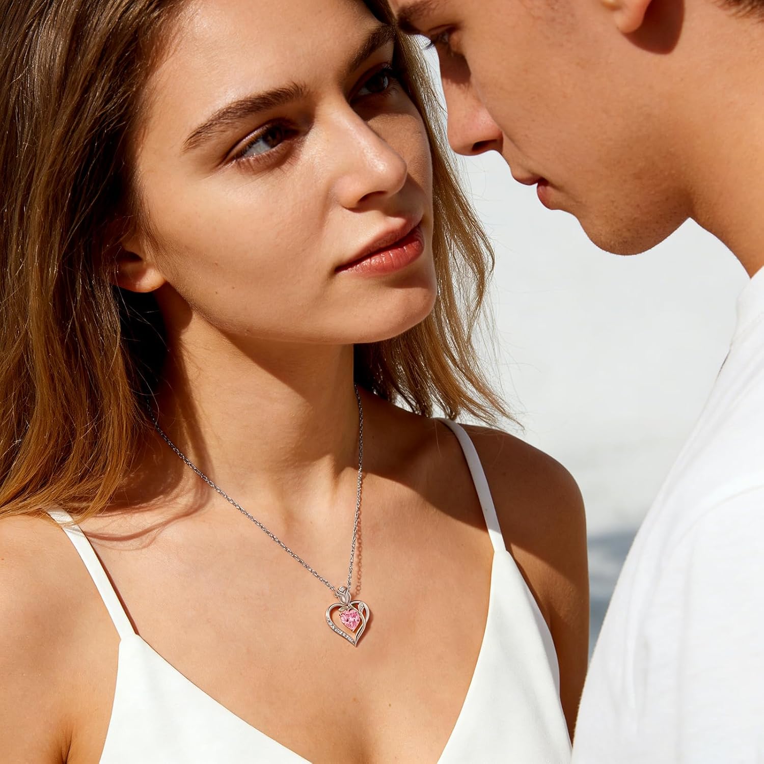 1.2CT Rose Heart Necklace Option of Moissanite or Lab-Grown Sapphire Ruby Emerald&More Necklace for Women Birthstone Girlfriend Necklace S925 Sterling Silver 18K White/Rose Gold Plated D Color VVS1 Gift for Wife Mother Daughter for Birthday Anniversary Mothers Day Necklace for Mom Engraved 'I LOVE YOU'