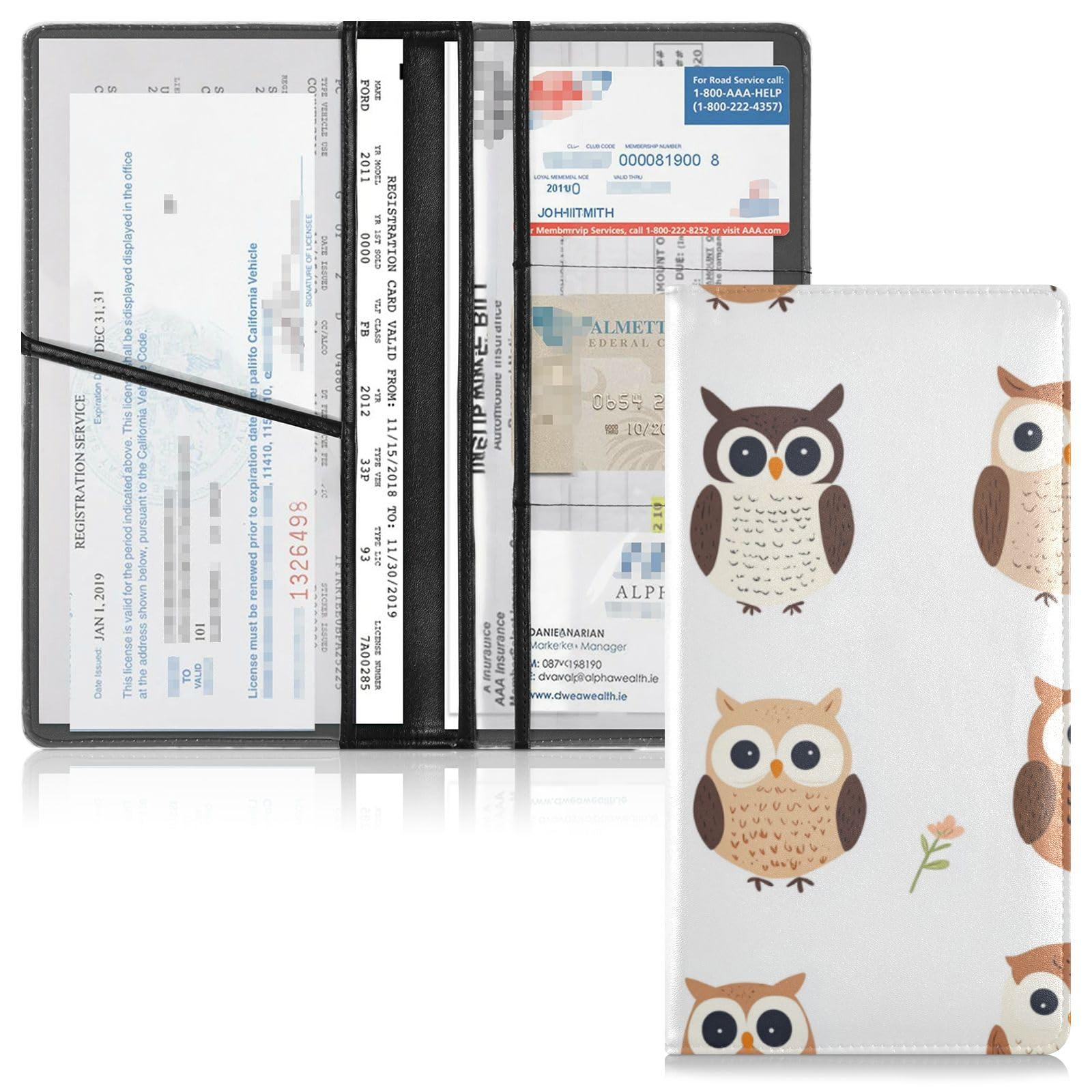 Leather Registration and Insurance Card Holder Men Women Essential Car Wallet Case for any Car, Truck, Motorcycle, Trailer or Boat Cartoon Cute Owl