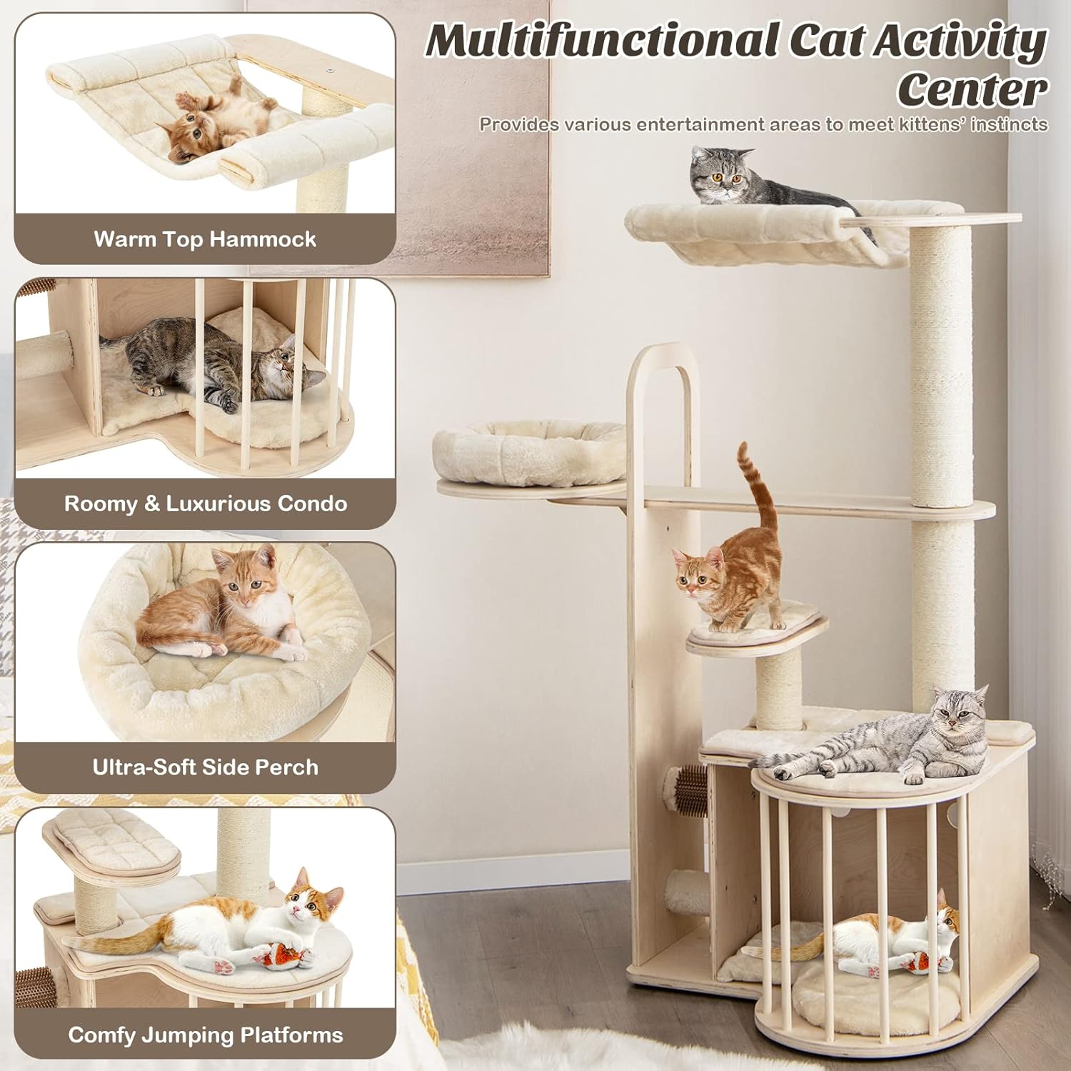 PETSITE 55" Tall Cat Tree, Multi-Layer Wooden Cat Tower with Hammock, Condo, Plush Perch, Self Groomer, Scratching Posts, Cat Climbing Stand Activity Center Furniture for Kitten & Adult Cats