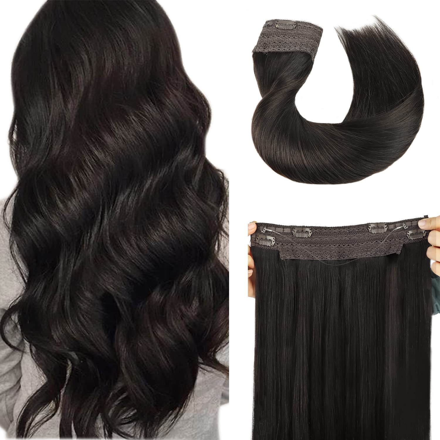 Wire Hair Extensions, 14 inch 75g Natural Black Invisible Wire Fish Line Hair Extensions Straight Lashey Real Human Hair Extensions for women Remy Human Wire Hair Extensions