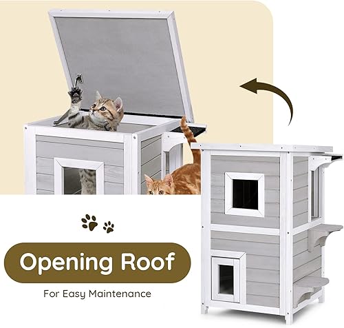 Miniatura 9 de PETSITE Casa para gatos al aire libre de 2 pisos, resistente a la intemperie, refugio de madera para gatos múltiples