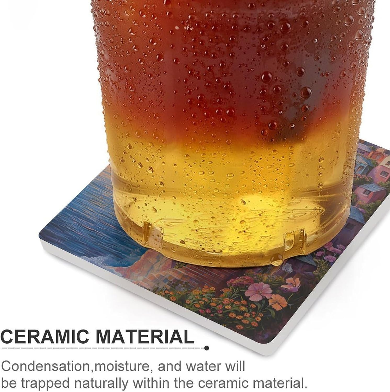 Beach Womans Face House Ceramic Coasters Set Square Drink Coasters Table Coaster for Kitchen Desktop Decor