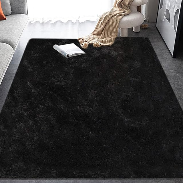 FZCBY Area Rug Fluffy Carpet Anti-Slip Living Room Floor Mat Shaggy Rugs Soft Bedroom Rug Home Decor Kids Room Floor Mat Nursery Rug, Black, 120 x 160cm
