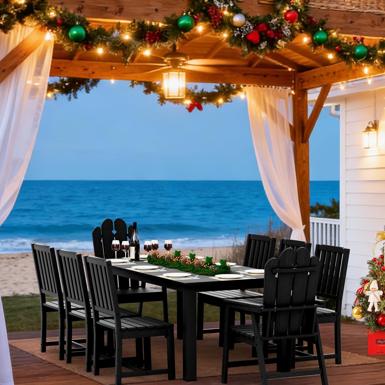 9-Piece Patio Dining Set, Outdoor Dining Set for 8, HDPE All-Weather Outdoor Furniture with 75.20” Umbrella Hole Table, 2 Armchairs & 6 Armless Chairs, Black