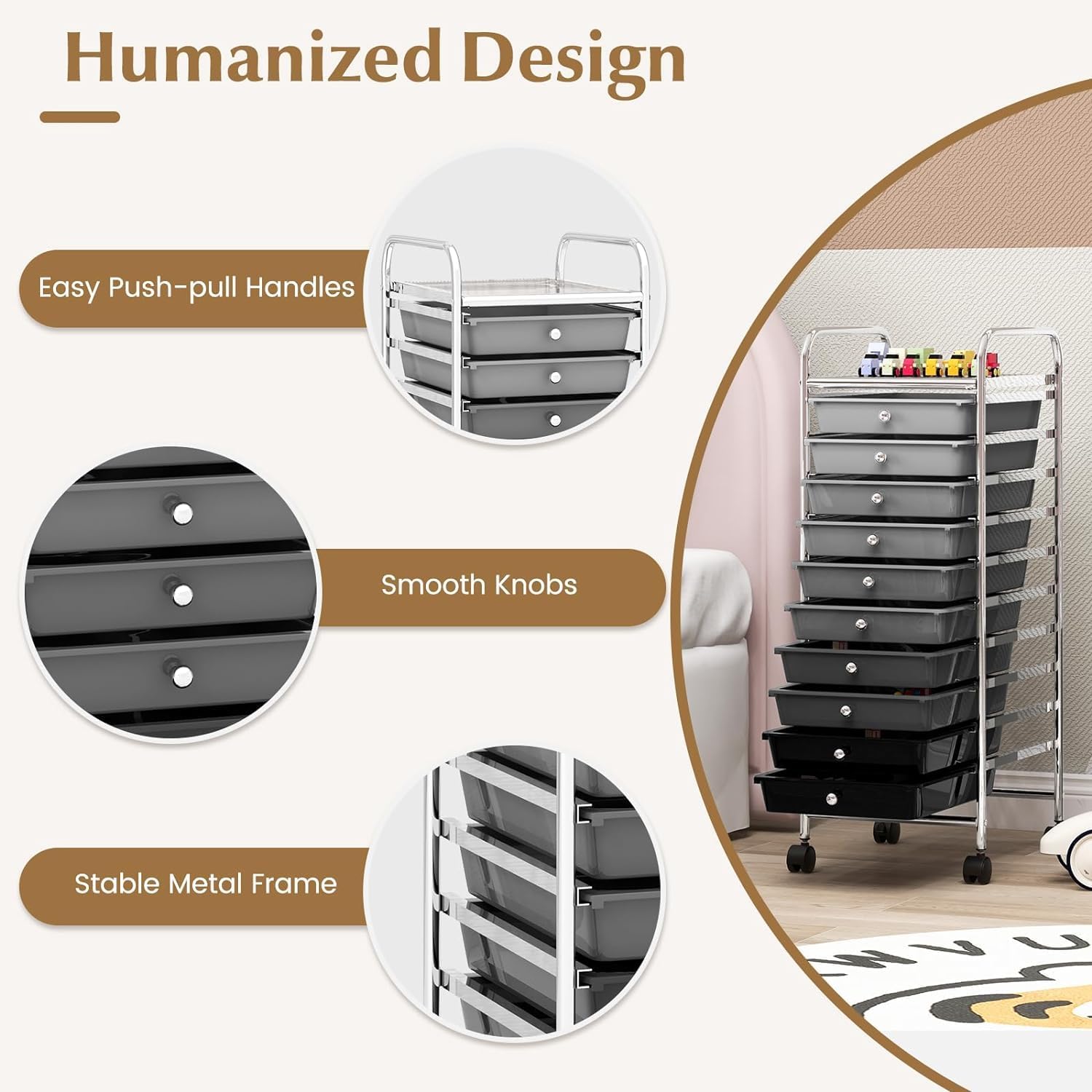 10 Drawers Rolling Storage Cart, Mobile Utility Cart, Sundries Storage Cart w/Lockable Casters for School, Office, Home, Multipurpose Storage Organizer Cart (Black)