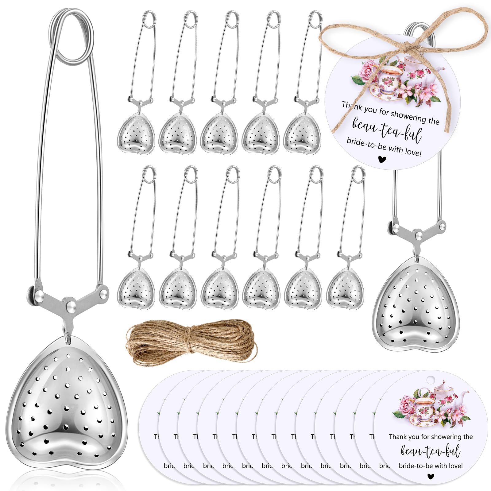 Gisafai 24 Sets Bridal Shower Tea Party Favors for Guests Include Heart Tea Infuser Long Handled Tea Ball Tea Steeper for Loose Tea with Thank You Cards Twine Wedding Bridal Shower Souvenir (No Tea)