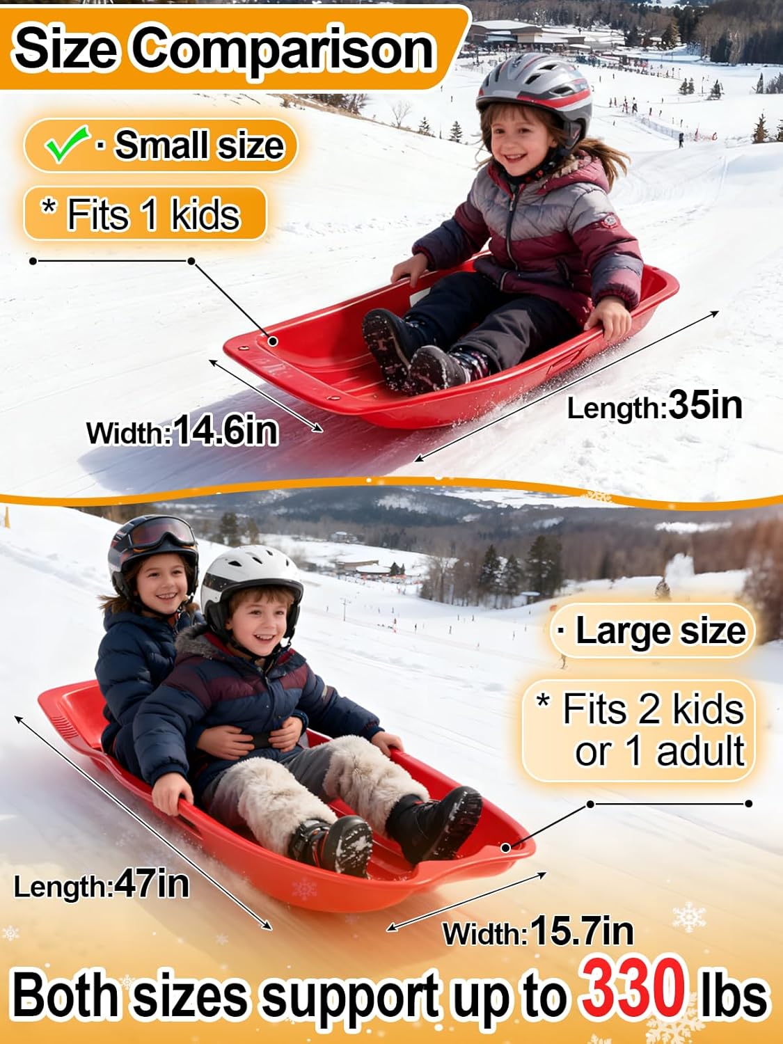 plastic snow sled for kids adult- flexible sand sled with pull rope for 1-2 rider toboggan sleds snow sledding kids gift s - fit 1 kid