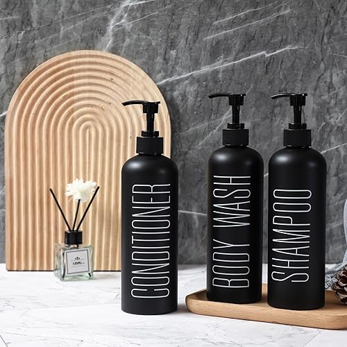 Miniatura 4 de HOMCDALY Dispensador de champú y acondicionador negro, paquete de 3 botellas de bomba recargables de 16 onzas, botellas dispensadoras de champú