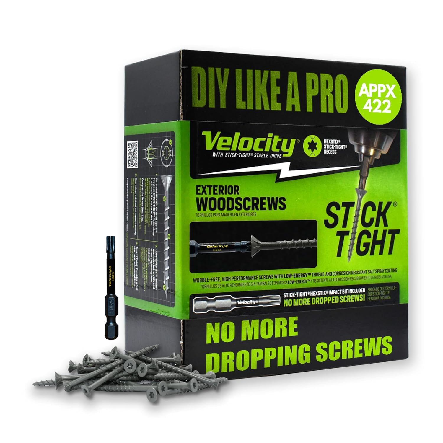 Velocity Exterior 2 1/2 Wood Screws and T25 Torx Bits (Size #10) – Stick Tight Technology, Made with Carbon Steel, Includes Hexstix Bit & Storage