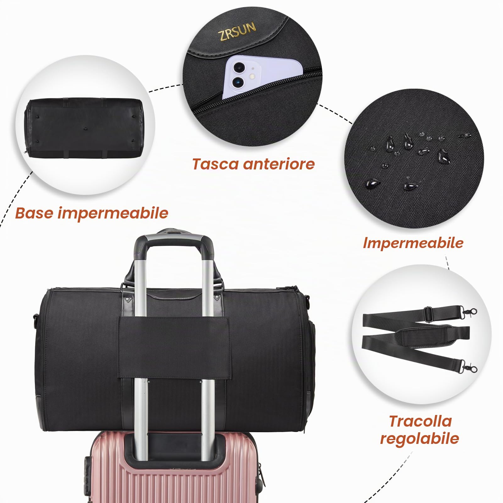 Borsa porta abiti da viaggio, borsa porta indumenti, borsone convertibile con scomparto per scarpe, perfetta per viaggi di lavoro e gite nel fine settimana, Nero 00, Da viaggio