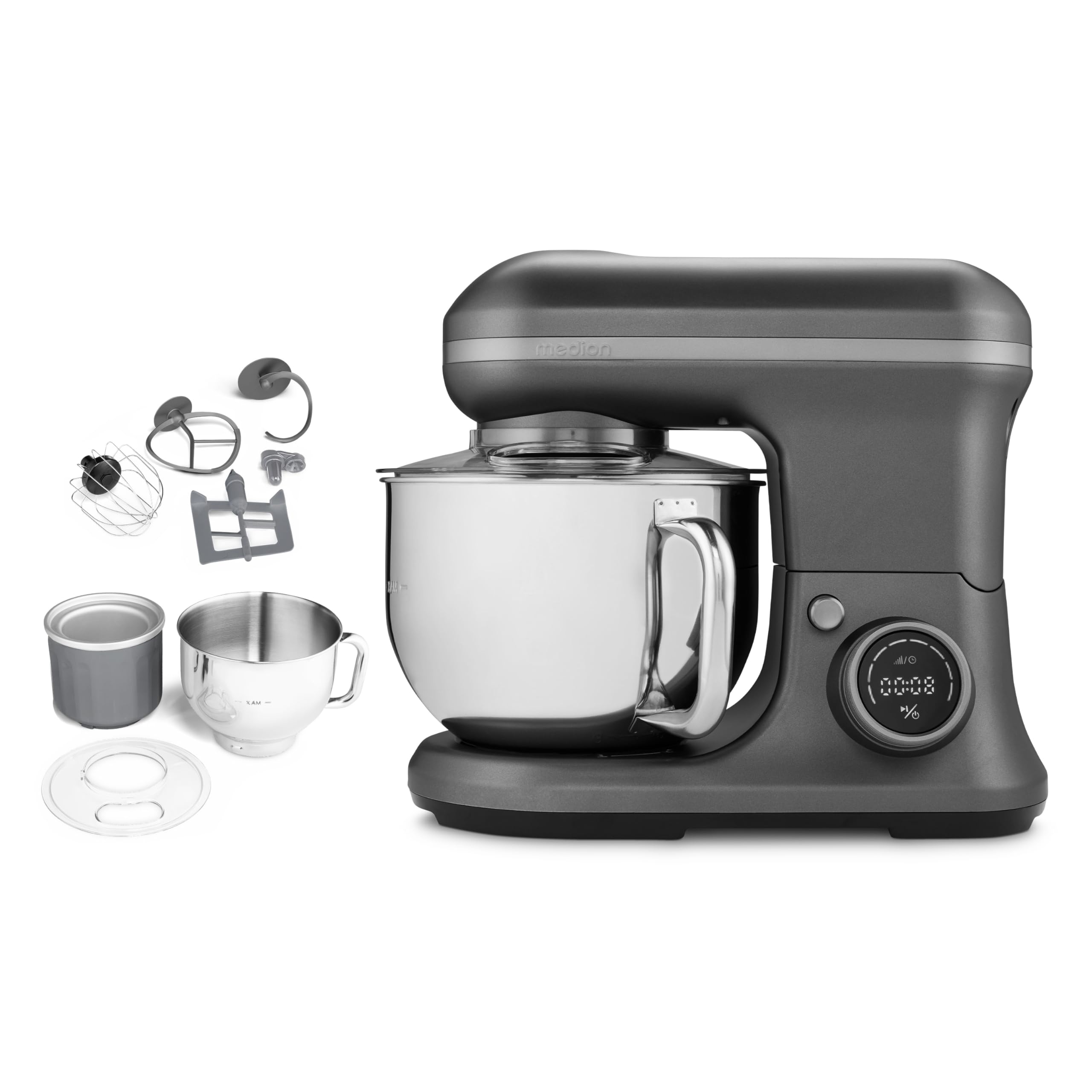 MEDION Robot de cuisine (1 200 watts, 8 vitesses, mélanger pétrir remuer, écran digital, bol en inox de 5 litres, bol à glace pour la préparation de glace, MD18420) Anthracite