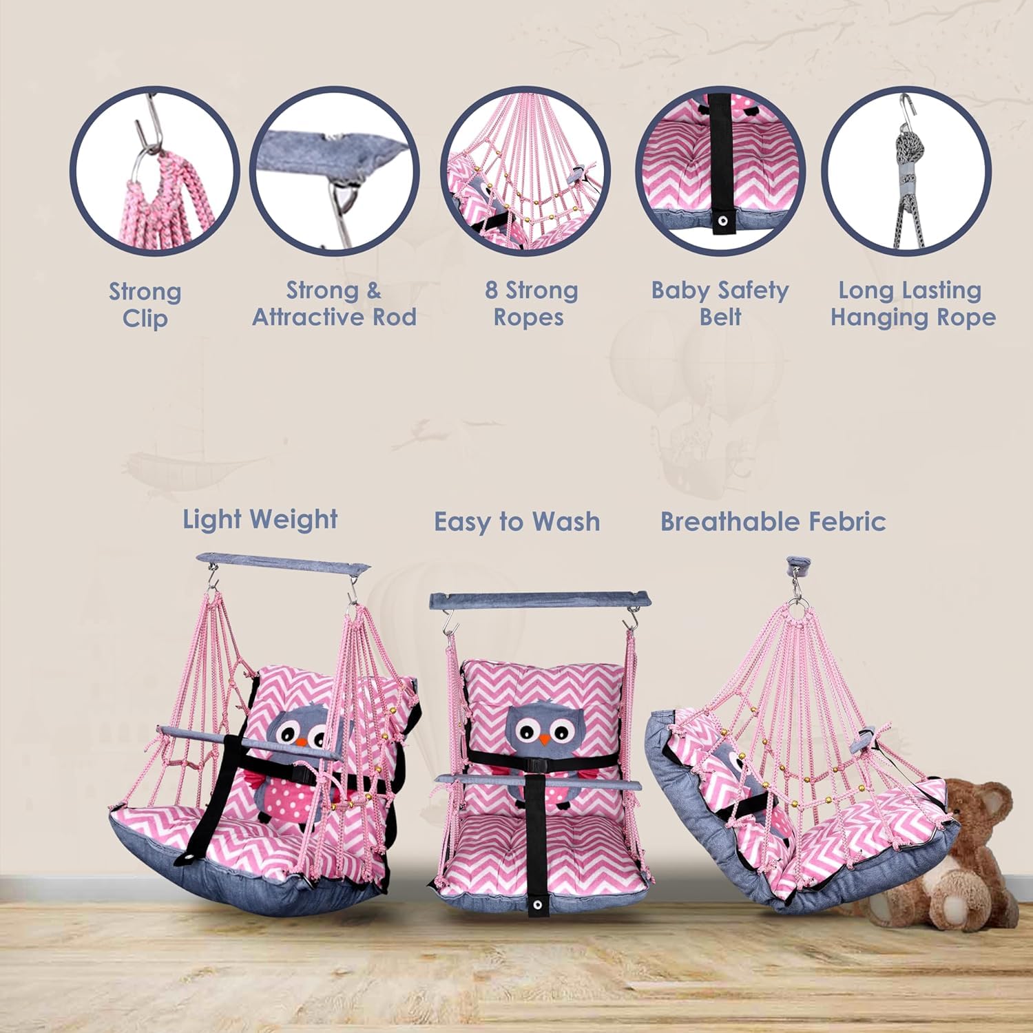 BOFFLE Cotton Swing for Kids 1-2 Years Baby Children Folding and Washable with Safety Belt, Indoor Outdoor Zula, Garden Jhula for Babies, Swing for Kids, oonjal, Swing for Baby Cradle 3