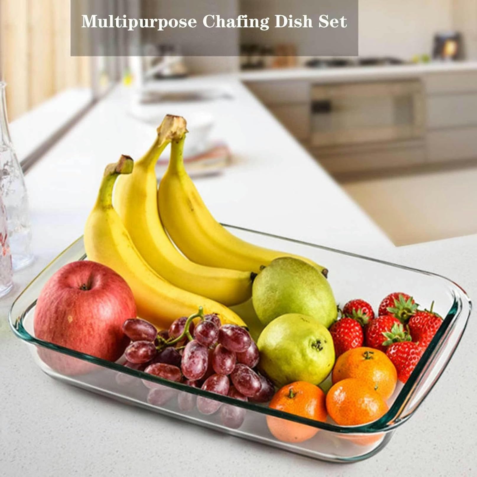 Set da Buffet con Scaldavivande, Vassoio Riscaldante con Coperchi - Posate da Buffet in Acciaio Inossidabile con Piatti in Vetro - Set da 2 Litri per Scaldavivande E Scal（Silver）