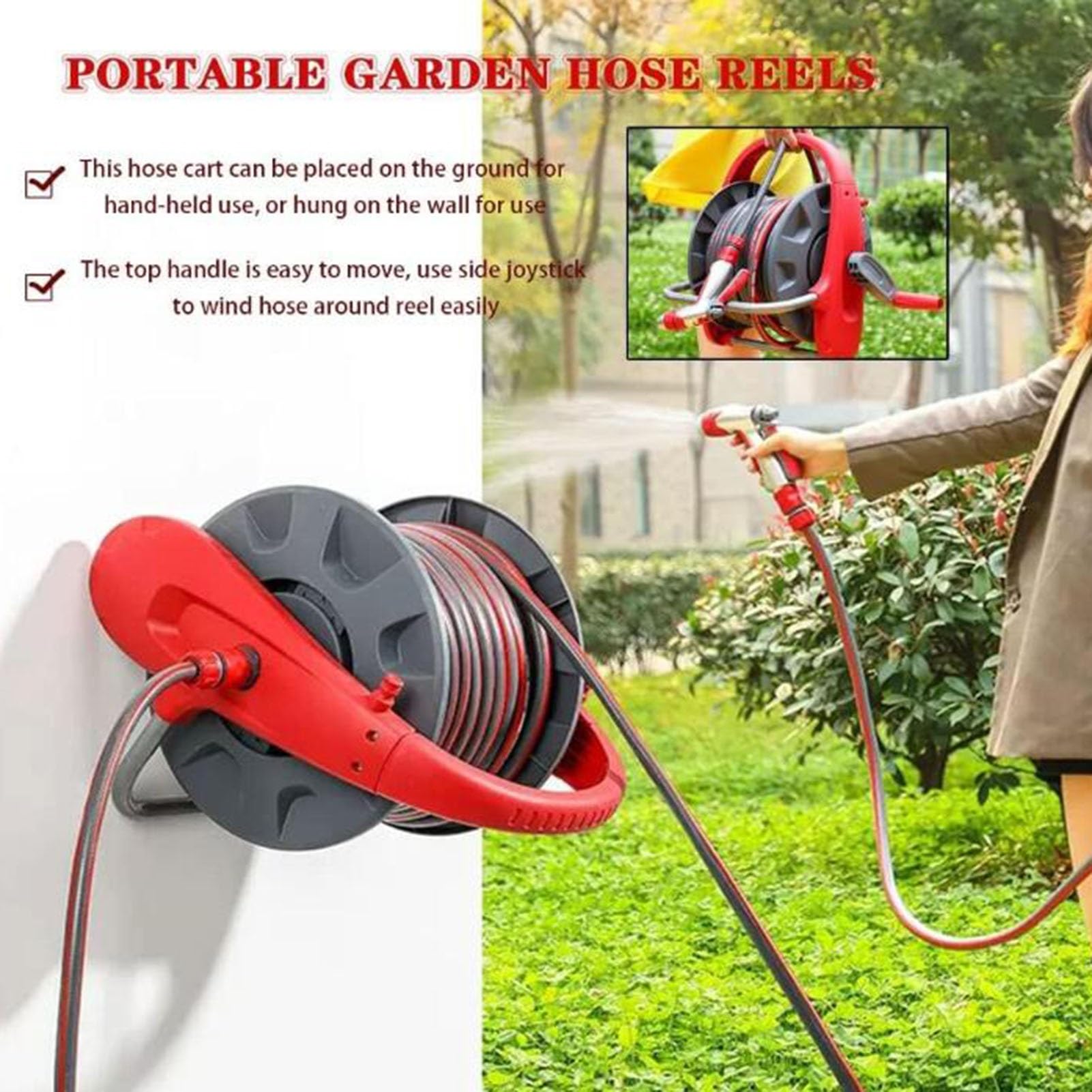 Camión portamangueras, Carrete para Manguera de Limpieza de Mascotas, Soporte portátil para mangueras de Exterior, Herramienta de riego de Pared para Patio (Rojo, 10 m)