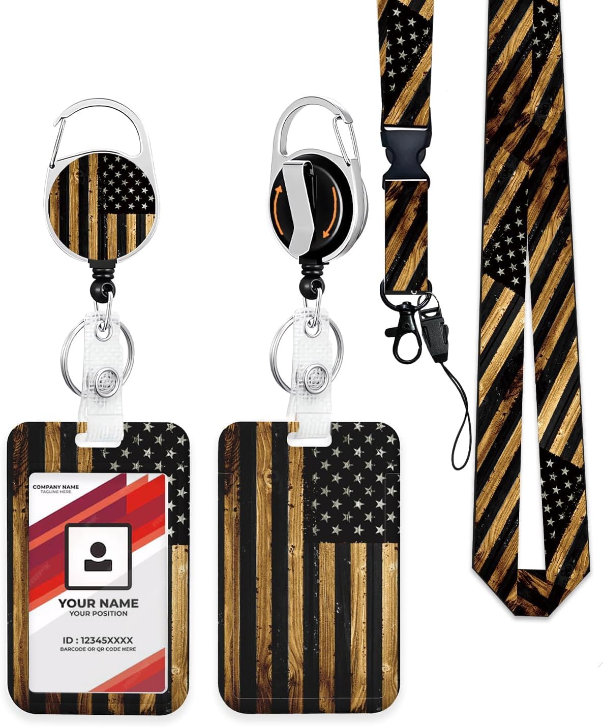 Heavy Duty ID Badge Holder with Retractable Badge Reel Clip, Breakaway Lanyards, Vertical ID Card Holder for Nurses, Doctors, Teachers, Women, Men - Wood American Flag