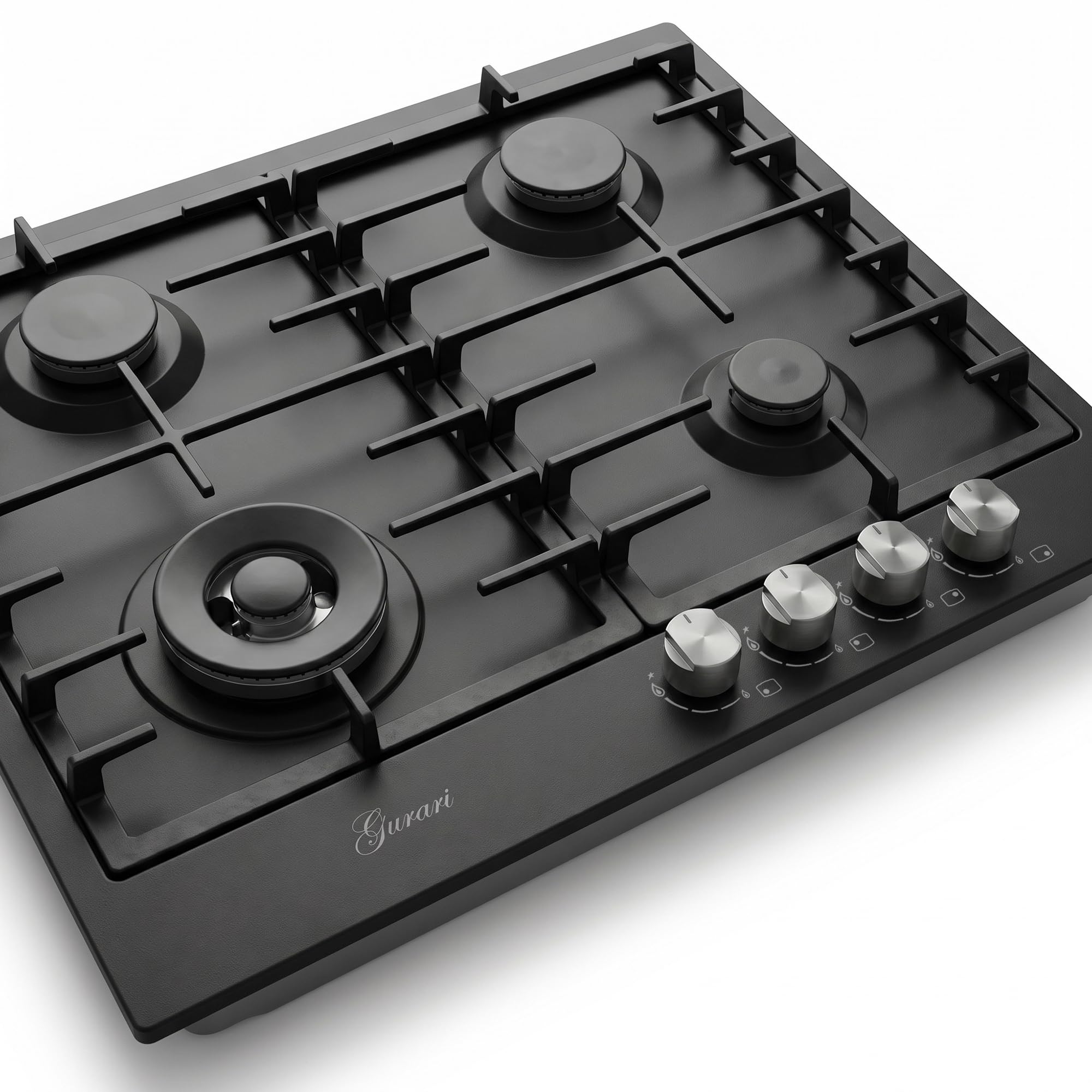 Gurari Gaskochfeld 60 cm GCH FB 604 BL • Autarkes Gas Kochfeld Schwarz • 4 Gasbrenner mit 4,0 kW WOK Brenner • Gusseisen Topfträger • Einbau Gaskochfeld • Erdgas & Propangas