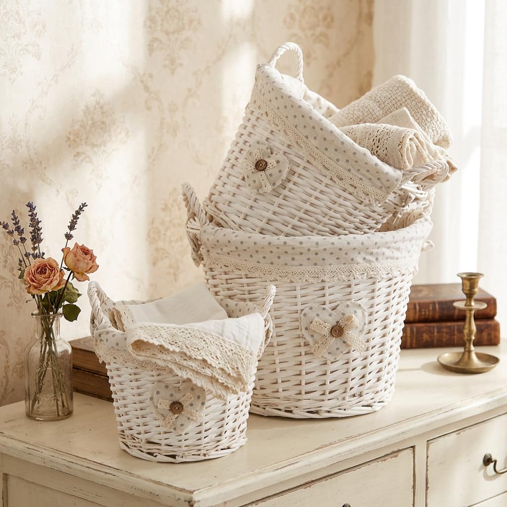Set 3 Ceste in Vimini Naturale Foderate in Cotone Bianco Shabby Chic, Cestini Portaoggetti Intrecciati con Manici, Organizer Decorativi per Casa Soggiorno Camera da Letto Bagno