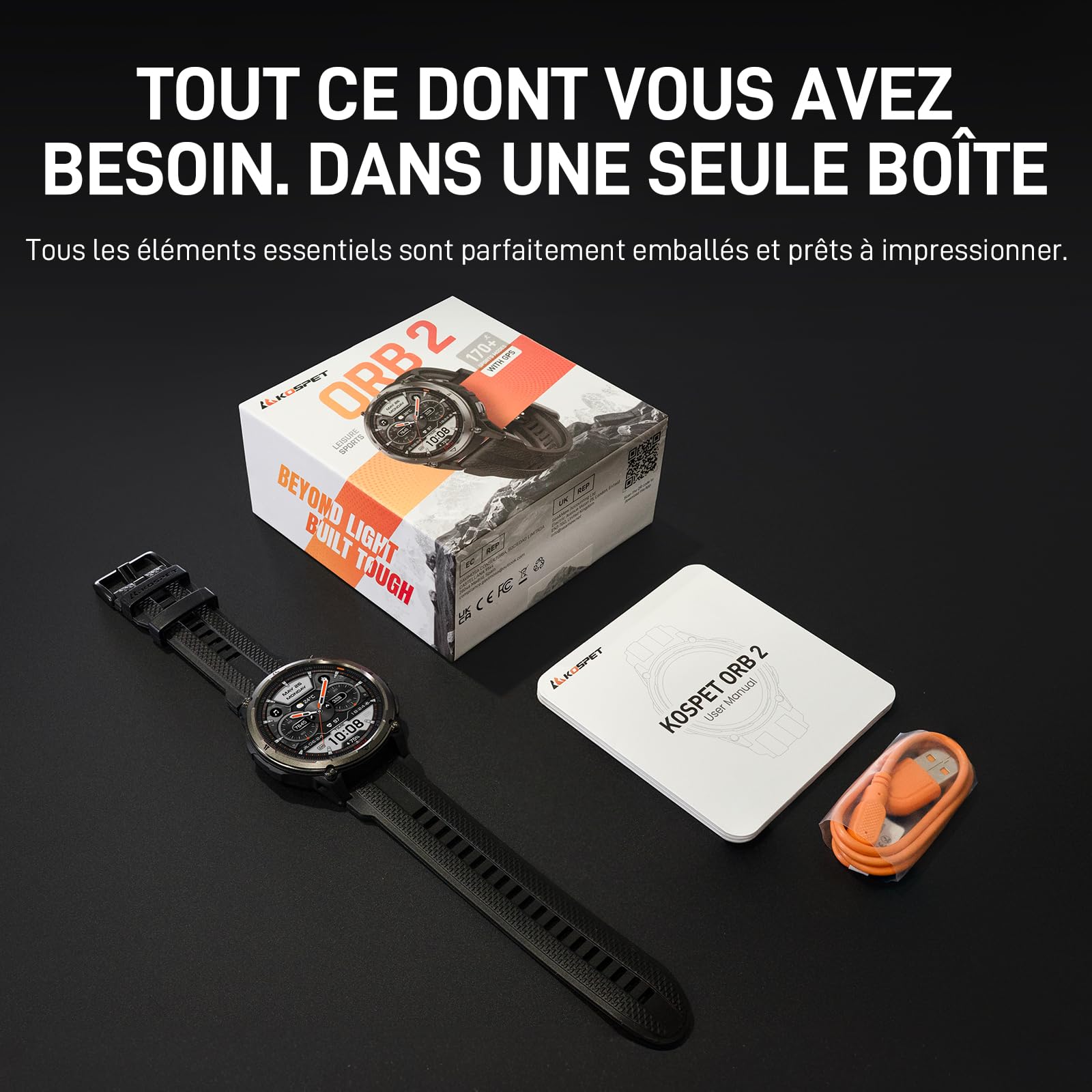 KOSPET ORB 2 Montre Connectée Homme, GPS, Lampe Torche LED et Talkie Walkie | Robuste, Militaire Lunette en Alliage, 1,43'' AMOLED, 5ATM/IP69, 500mAh, Moniteur de Fréquence Cardiaque/sommeil, Android/iOS