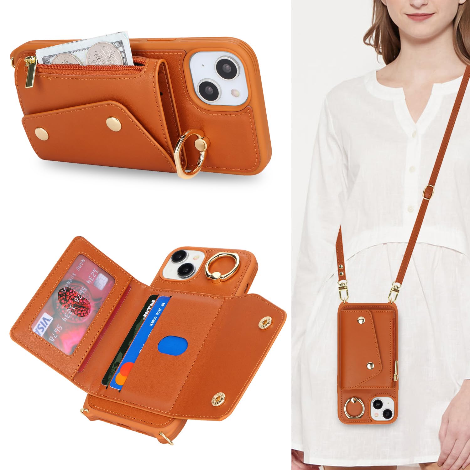 Lipvina for iPhone 15 Plus Case with Card Holder and Strap - Zipper Pocket,Crossbody Lanyard Strap,Credit Card Holder,Stand Ring,Cute Phone Wallet