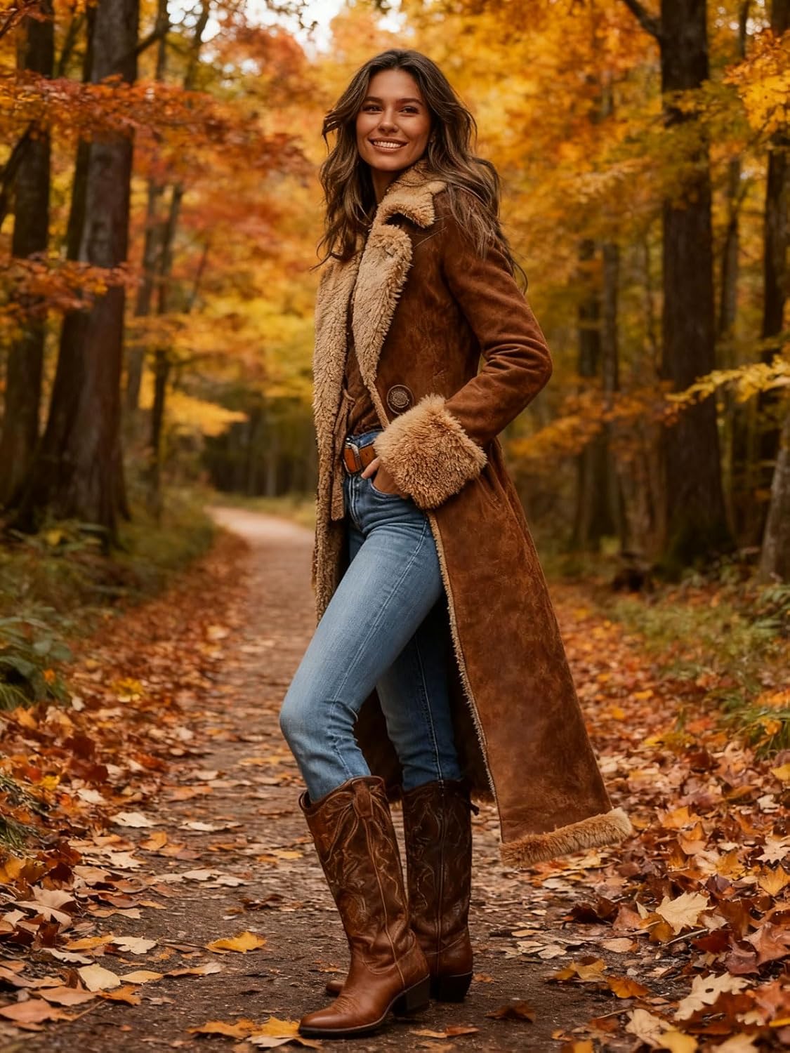 utcoco Women's Faux Suede Shearling Jacket Coat Lapel Fleece Long Sleeve Vintage Western Winter Outerwear - Image 3