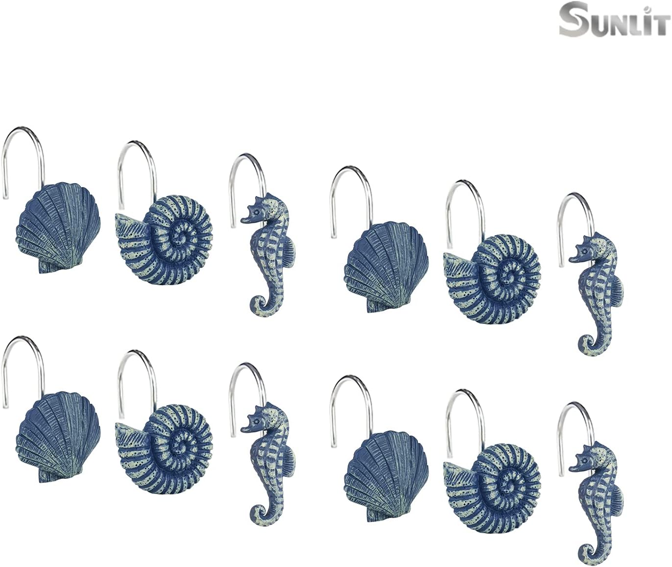 Sunlit Seashells Decorative Shower Curtain Hooks, Blue Ocean Creatures Coastal Shower Curtain Rings, Resin, Nautical Bathroom Decoration Beach Shower Curtain Hooks-12 Pack : Home & Kitchen