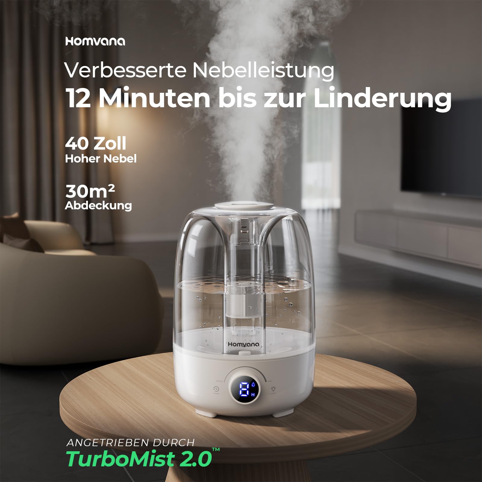 Homvana Top-Fill 4L Humidificador Bebes Mocosy Tos, Cool Mist Silencioso | 40 Horas de Funcionamiento, con Bandeja de Aroma, Oil Difusor, BPA Free Bebés y Plantas, 7 Color Light, Sleep Mode (Blanco)