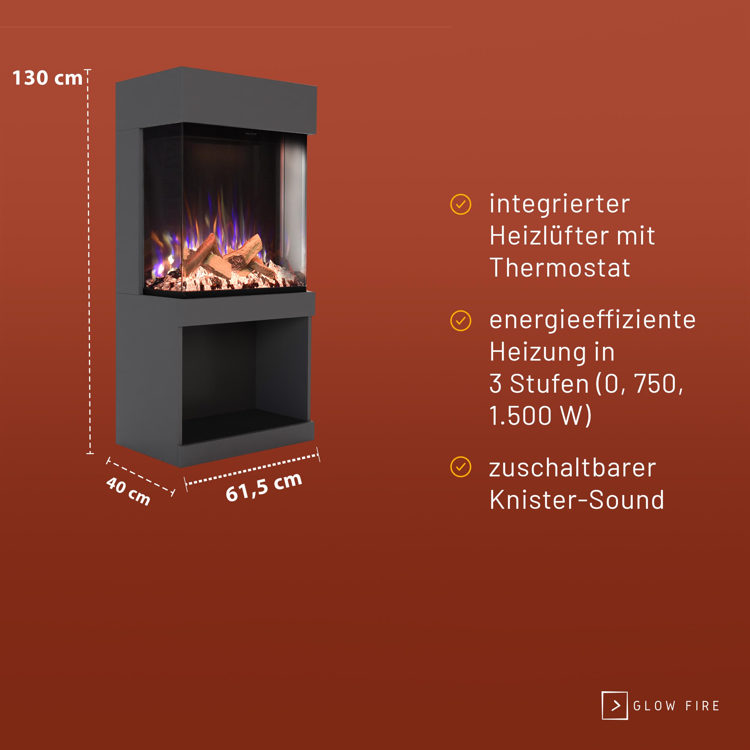 GLOW FIRE Kaminofen PR12 mit realistischem 3D E-Motion LED-Feuer - Stand-Elektrokamin mit Heizung und Kaminfeuer, Knistereffekt & Timer, max. 1500 W, 61,5x130x40cm, Grau
