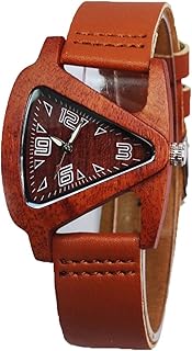 Wood Watches Triangle Red Wooden Watches with Leather Band Quartz Wrist Watch Bracelet for Women