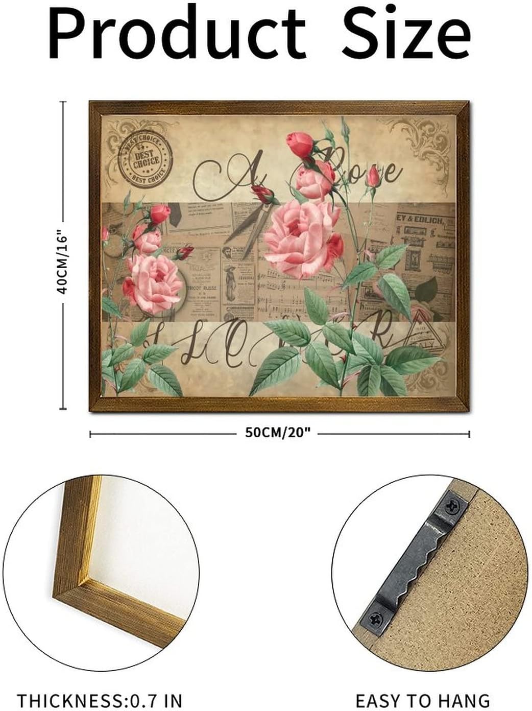 Vintage French Rose Flower Framed Wood Signs Retro Newspaper Music Note Hanging Wood Sign Vintage Blossom Floral Wall Art Hanging Decorative for Bedroom Living Room Office Outdoor Home 16x20 Inch
