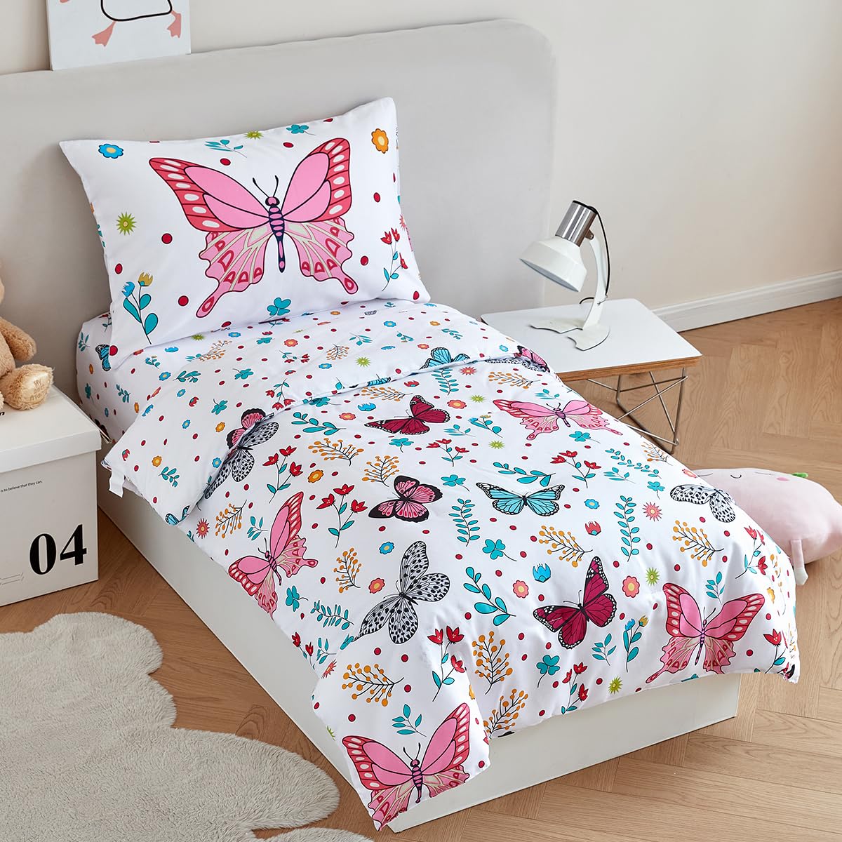 STYHO White Toddler Bedding Set Girls Butterfly Printed Duvet Cover Soft Reversible Colorful Floral Cot Bed Duvet Cover Set for All Seasons(Butterfly - Image 2