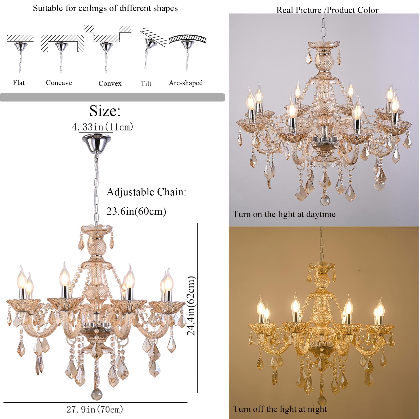 Durahonn 8-Light Modern Crystal Chandelier - Cognac K9 Crystal, Candle Style E12 Base, For Living Room, Bedroom