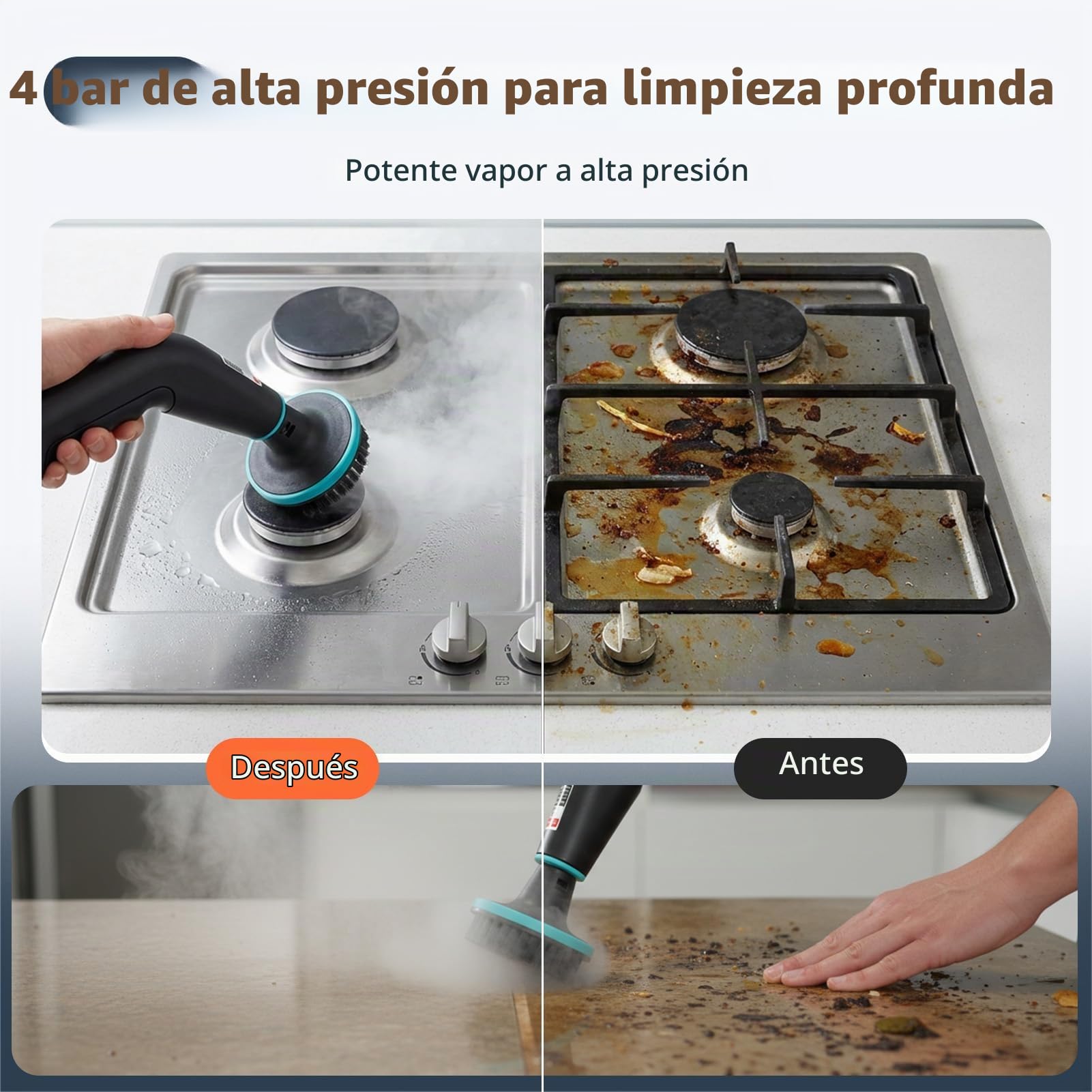 Limpiador de Vapor de Mano 2500W – 4 bares, Calentamiento en 15s, Vapor Desinfectante a 105°C, Depósito Extra Grande 1250ml, 6 Niveles Ajustables para Cocina, Baño, Coche (23 Accessoires)