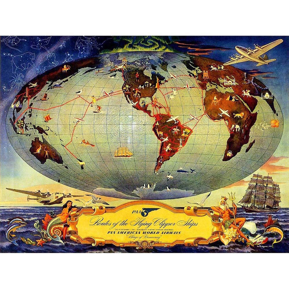 Wee Blue CooTravel Transport Clipper Ship Map Globe Route Plane Airline USA Art Print Poster Wall Decor 12X16 Inch