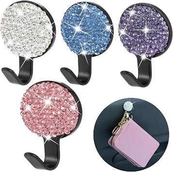 Car Bling Hooks for Purses and Bags, 4pcs Mini Cute Hook on Dashboard for Keys, Mask, Earphone, Charging Cable, Car Bag Hooks Purse Hook for Car Auto Purse Holder Hanger Hook.
