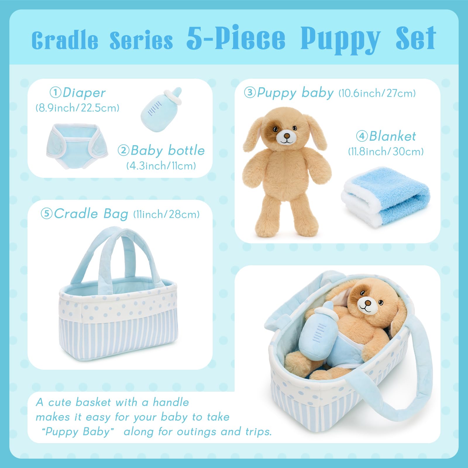Tezituor Peluche cucciolo di peluche con pannolino, bottiglia per il latte, coperta e cestino, giocattoli per far finta di giocare per bambini carino set per neonati