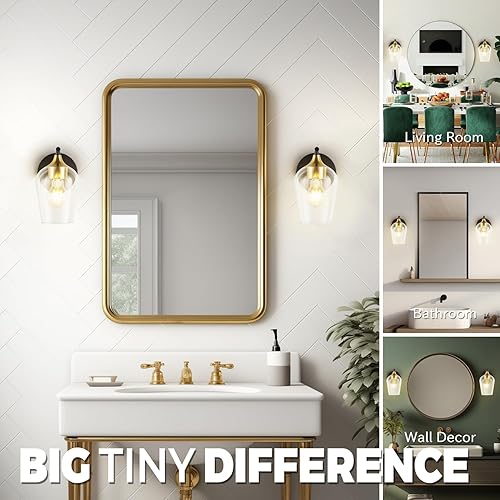 Miniatura 5 de Hamilyeah Juego de 2 apliques de pared dorados, apliques negros con pantalla de vidrio champán transparente, iluminación industrial de baño,