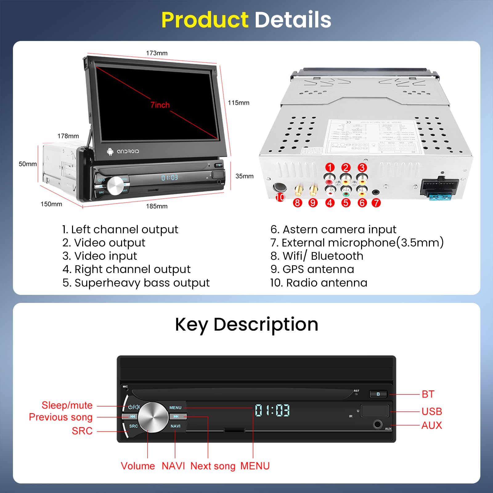 Hodozzy 2GB+64GB Android Radio 1 DIN con Carplay Android Auto Navegación GPS, WiFi, Bluetooth, FM/RDS Radio, Pantalla Táctil de 7 Pulgadas con Mirror Link, USB/AUX, Controles Volante, Cámara