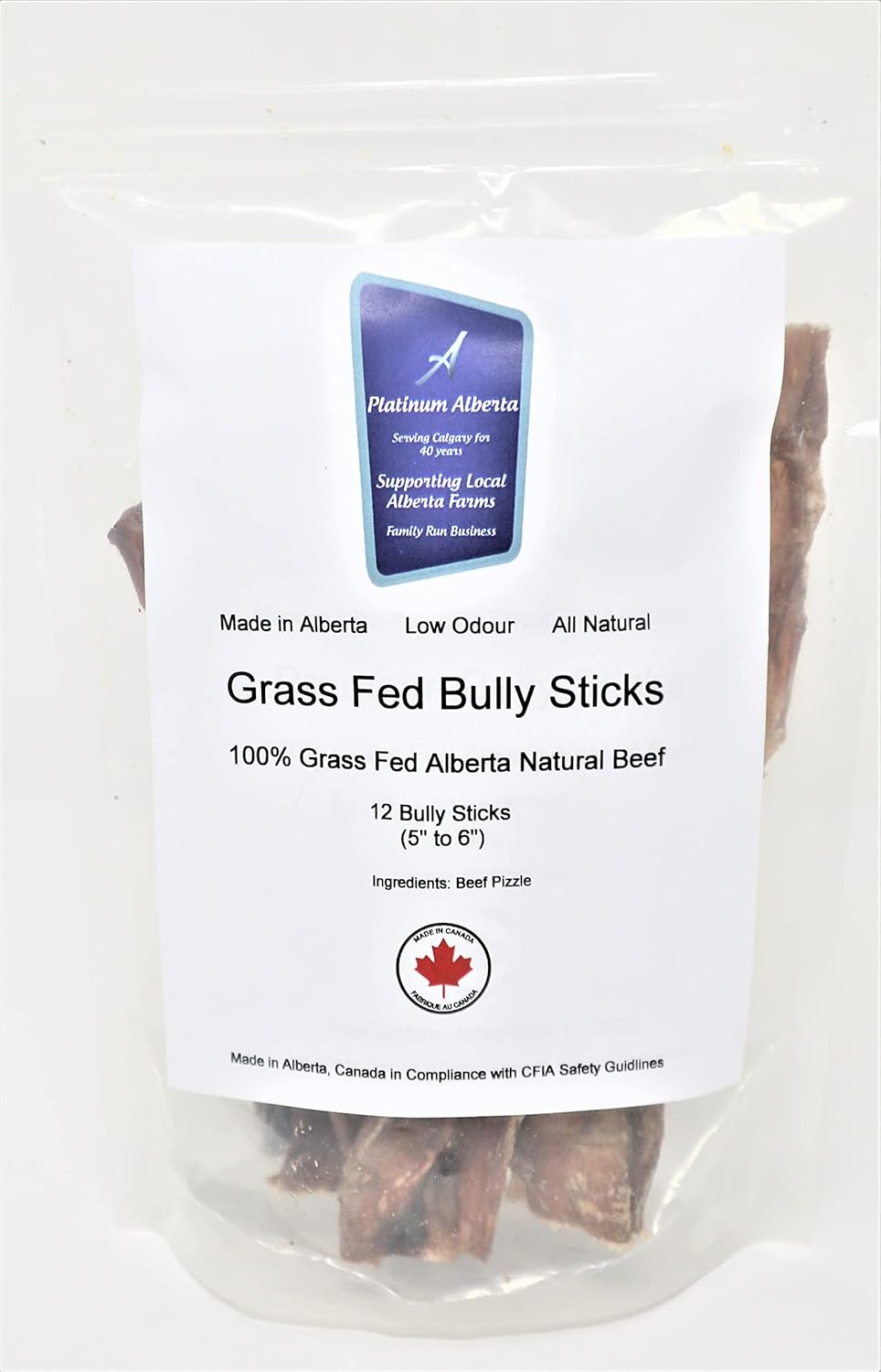 Platinum Alberta Grass Fed Bully Sticks for Dogs, 12 x (5"6") Made in