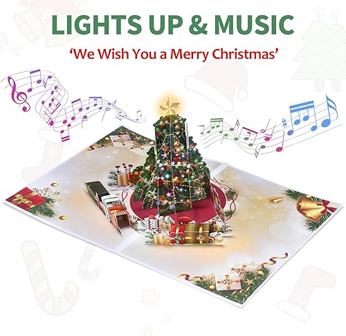 Miniatura 2 de Venhoo Tarjetas de Navidad desplegables con luz y música, diseño de árbol de Navidad, tarjeta de felicitación musical emergente 3D hecha a mano para