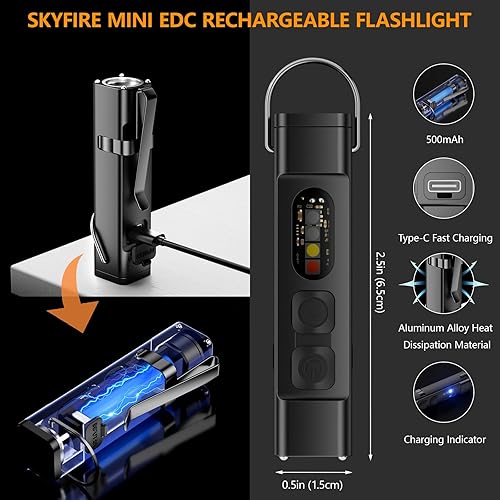 Miniatura 6 de SKYFIRE 2Pack linterna recargable EDC con encendedor eléctrico, clip y base magnética, mini linternas con luz LED UV roja y blanca, luz de bolsillo
