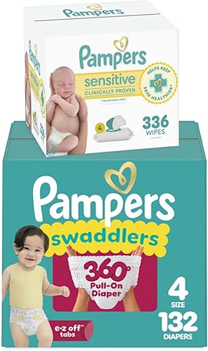 Pampers Swaddlers 360 pañales sin cierre, talla 4, 132 unidades, con toallitas sensibles para bebés, 4 paquetes abatibles (336 toallitas en total)