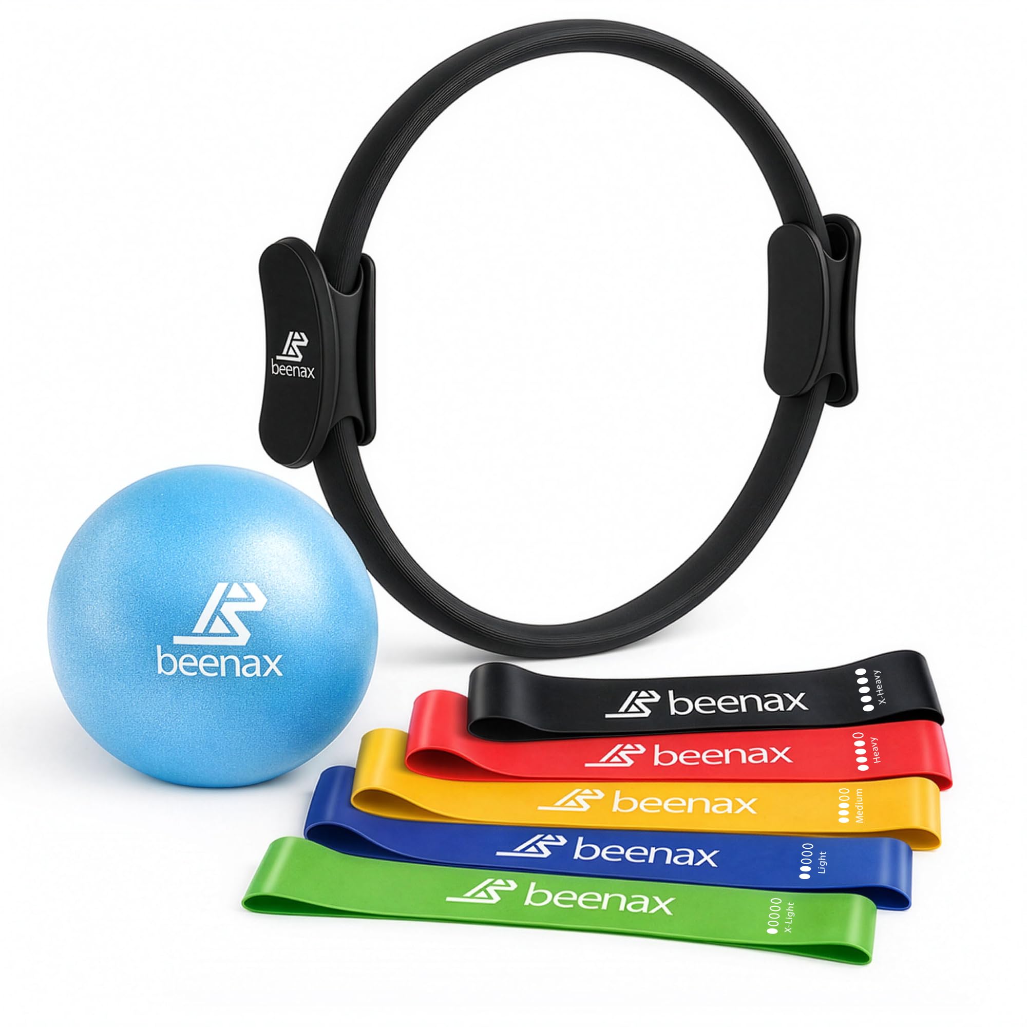 Beenax Pilates Ring Set - Fitness 12β Magic Circle with Double Padded Handles - Includes Soft Pilates Ball, Resistance Bands & Exercise Guide for Yoga, Thighs, Abs, Legs, Core Training